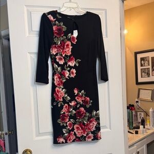 White House Black Market Black Dress with Red Floral Design